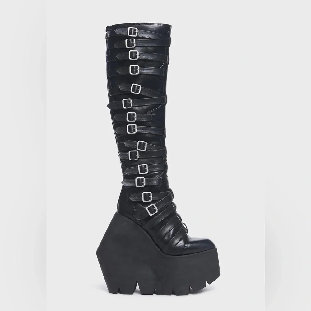 Gothic Black Buckle Strappy Monster Wedge Knee High Platform Boots - 9 - Picture 5 of 17